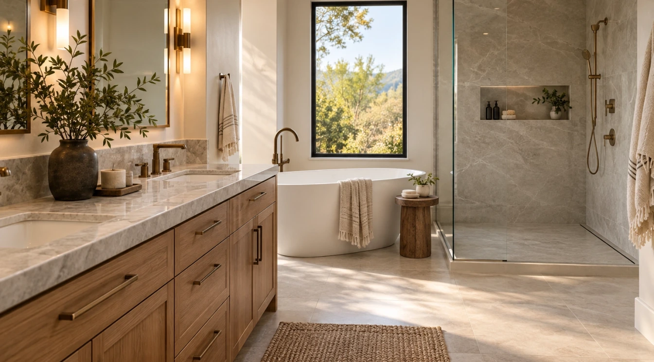 A warm bathroom vanity with stone countertop, wood cabinets, tile shower, and natural light