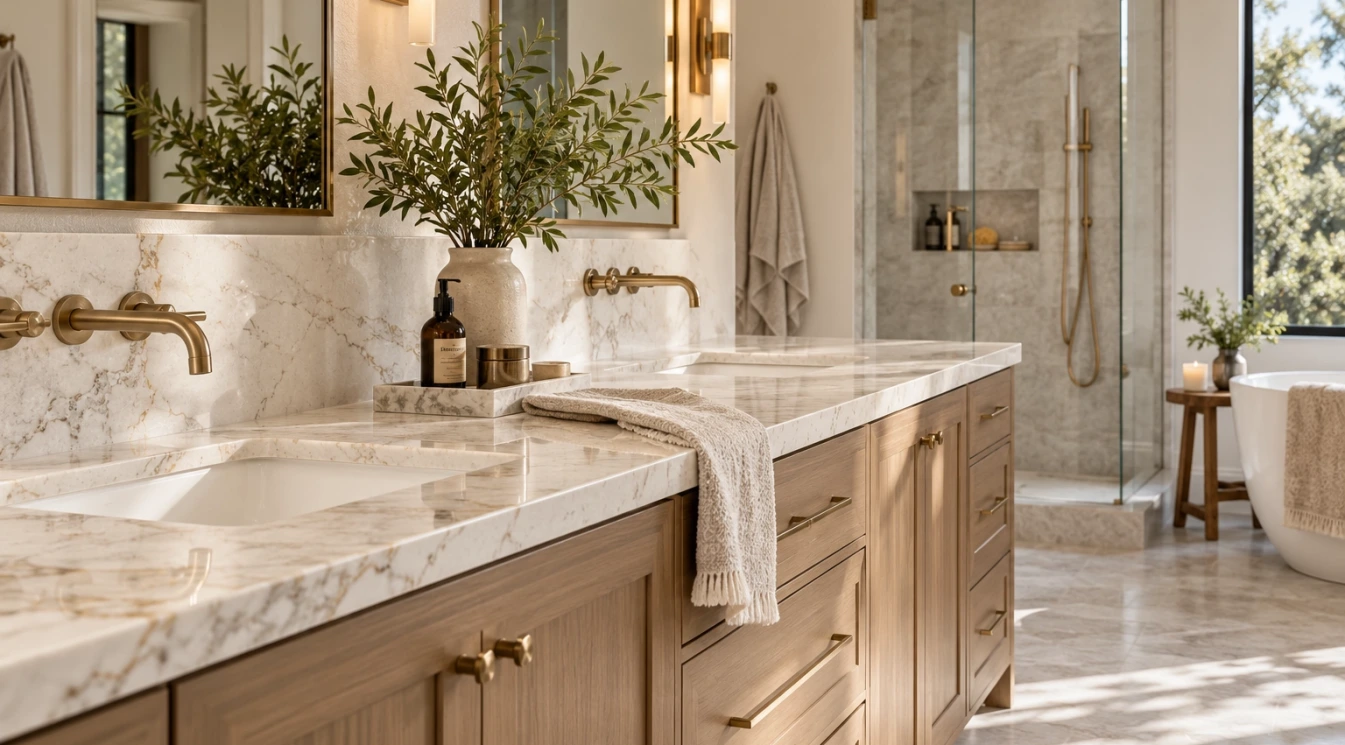 A close-up bathroom vanity with light stone countertop, brass fixtures, and coordinated tile