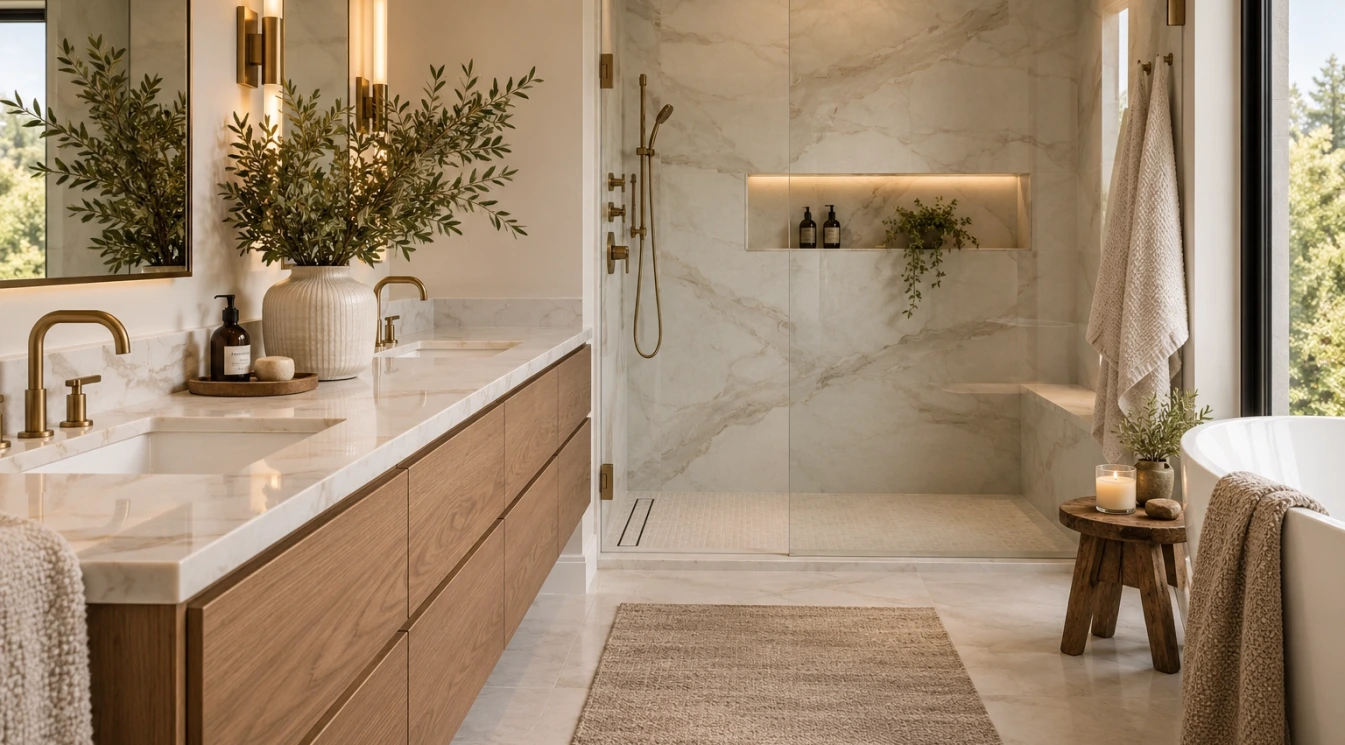 A polished bathroom vanity with light stone countertop and full-height shower tile