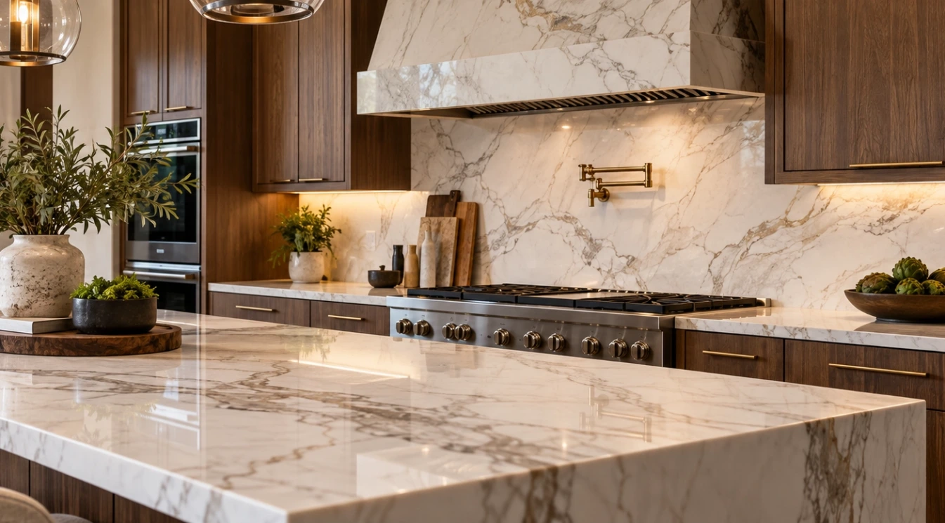 A polished kitchen with a veined island countertop and coordinated full-height backsplash
