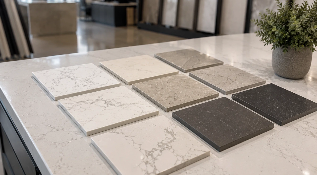 Countertop and backsplash surface samples arranged in a showroom