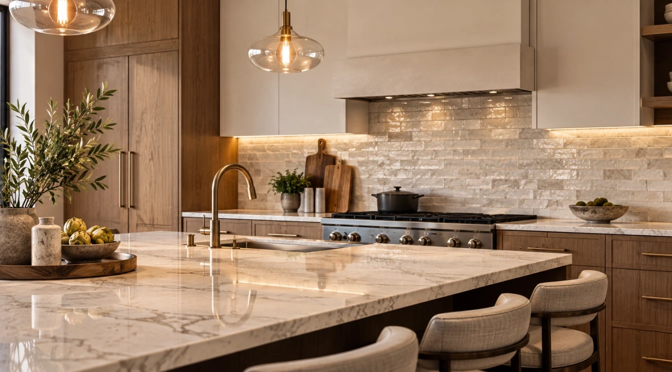 A kitchen island with a bold countertop and quiet tile backsplash