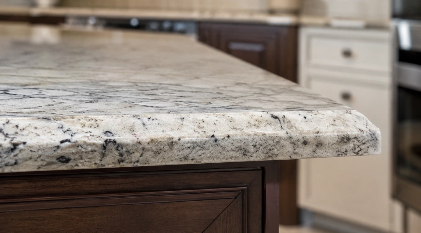A close view of a beveled countertop edge