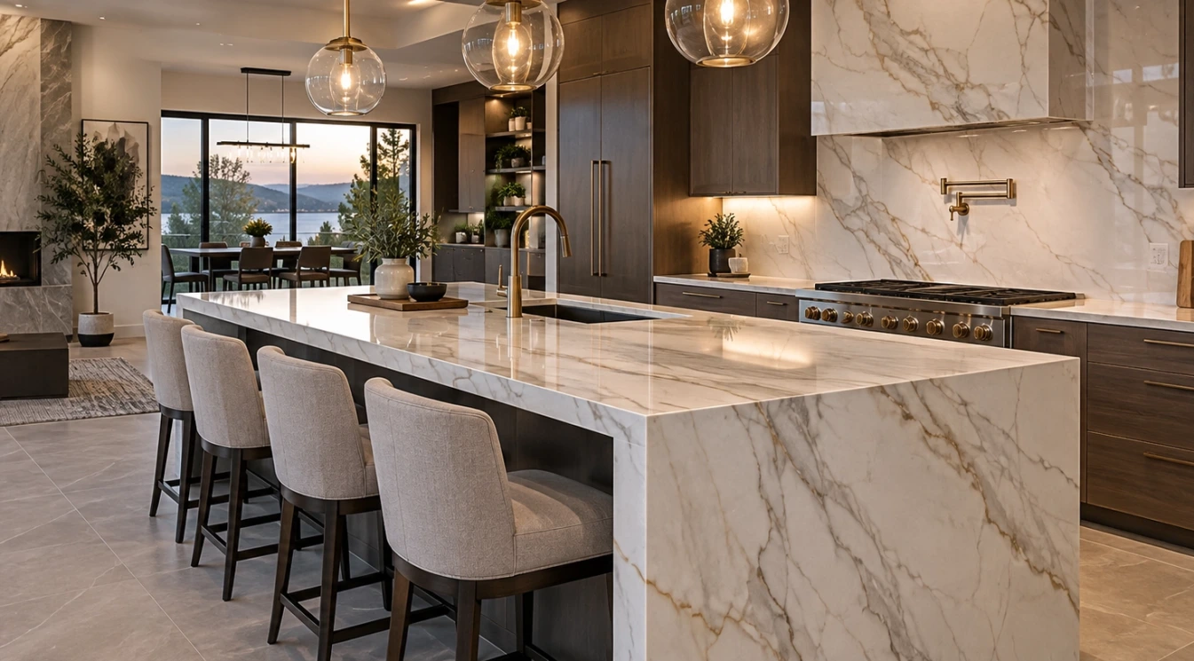 A luxury kitchen with a large veined stone island and carefully aligned countertop movement
