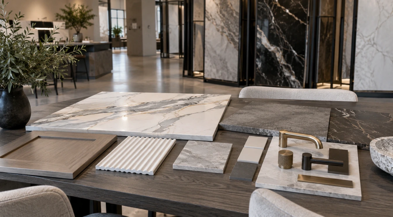 A showroom table with stone slab, cabinet finish, tile, and fixture samples
