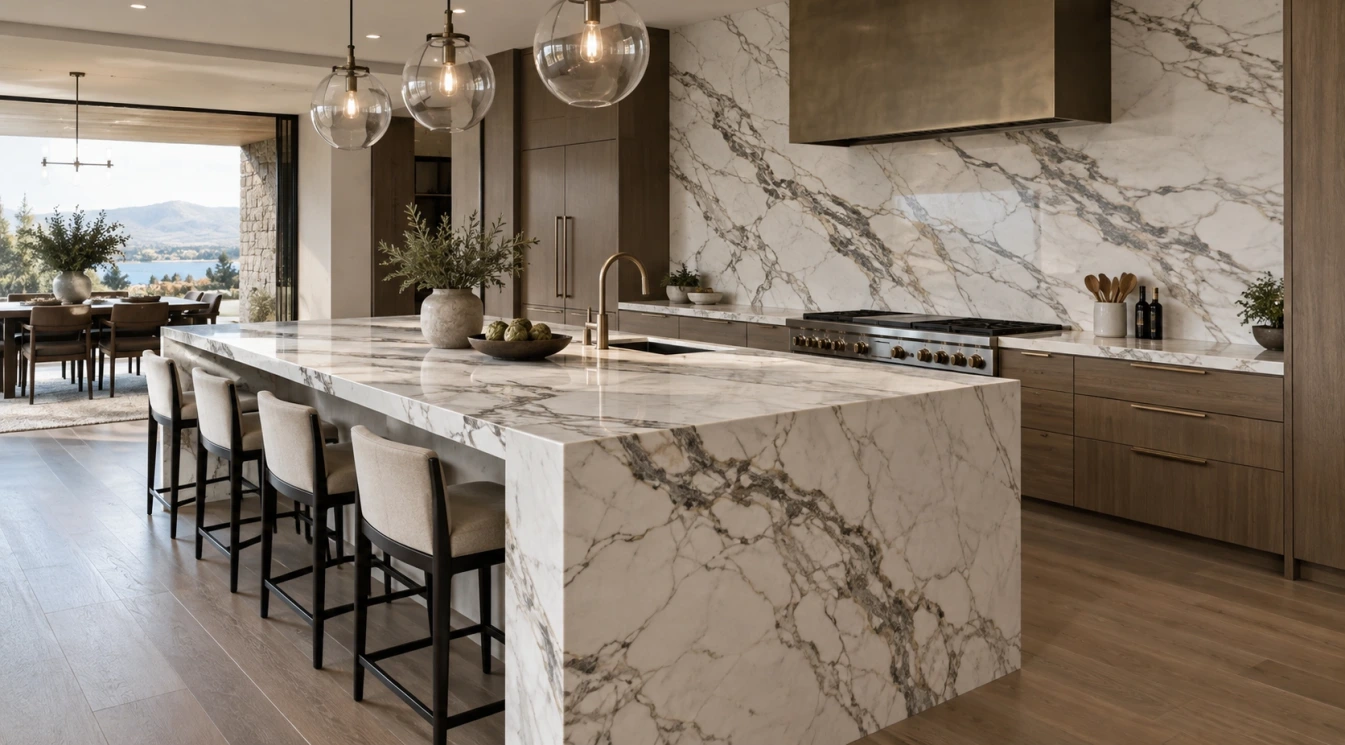 A finished kitchen showing coordinated veined stone across the island, backsplash, and feature surfaces