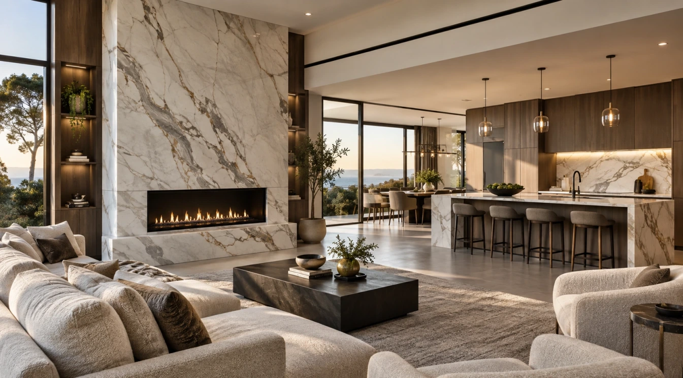 A warm modern living room with a porcelain slab fireplace wall and coordinated stone surfaces