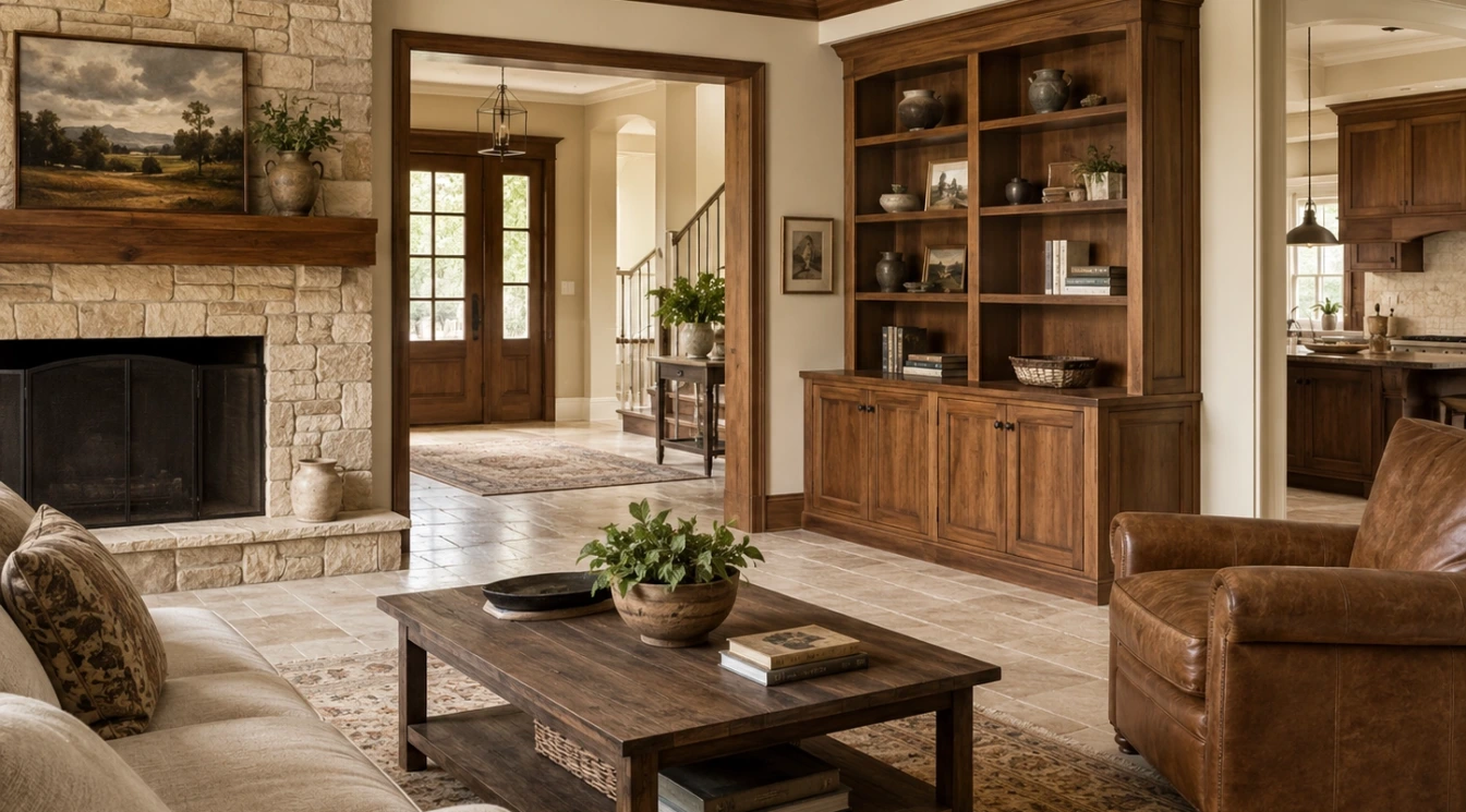 A warm living room with a natural stone fireplace surround and wood built-ins