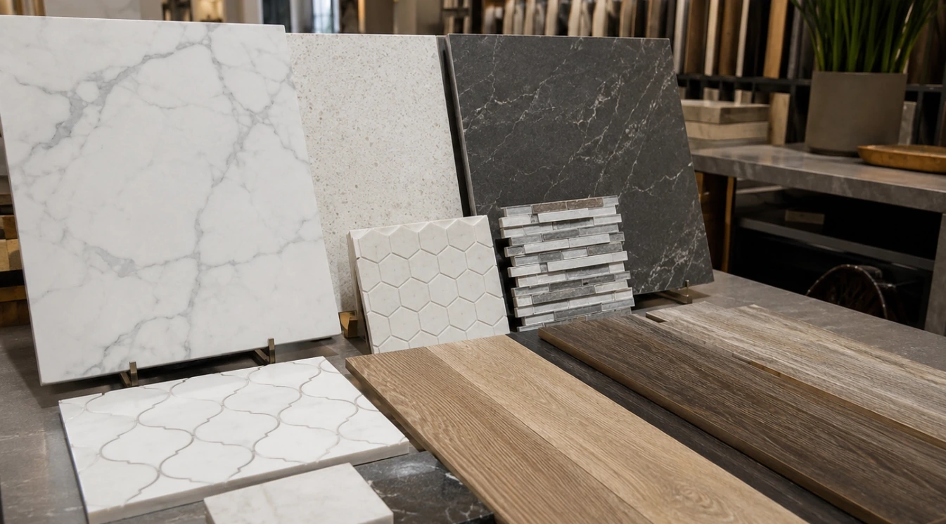A showroom display with stone tile and wood finish samples for fireplace materials