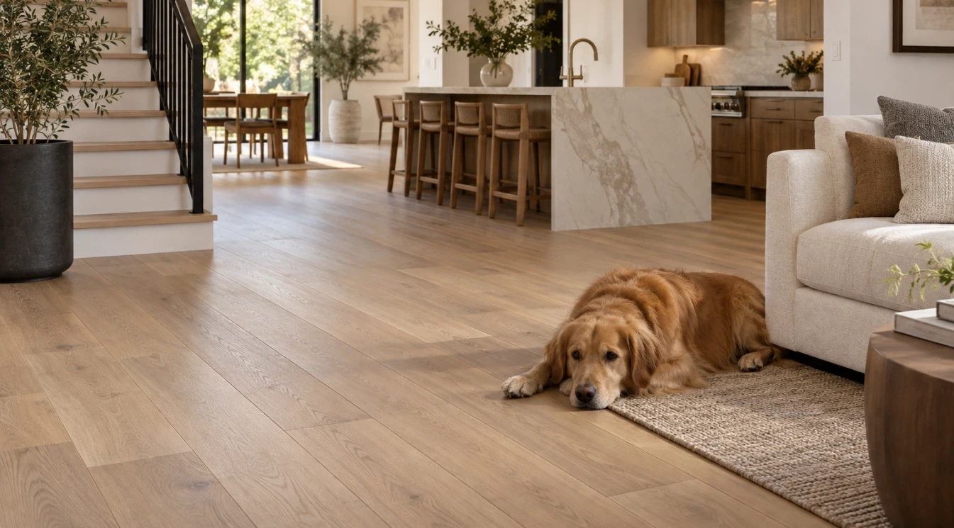 A bright open-concept home with warm flooring, coordinated kitchen surfaces, and natural light