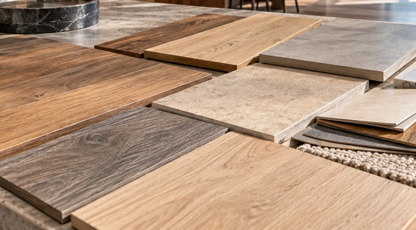 Flooring samples arranged on a showroom table