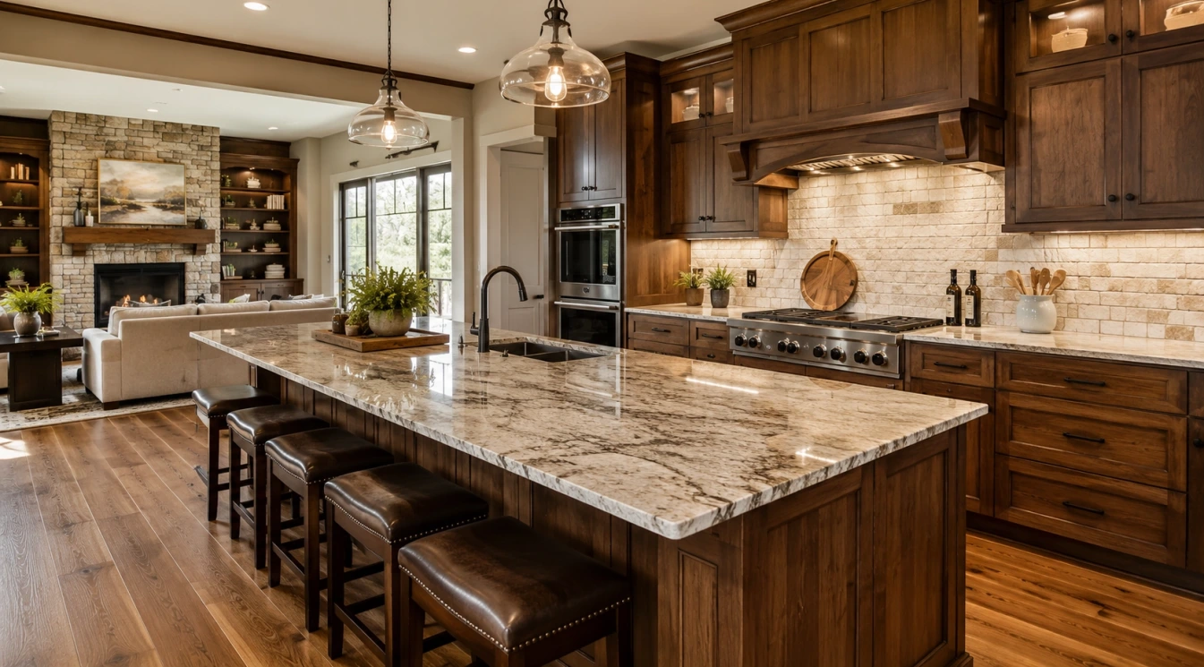 A warm kitchen and living area with durable wood-look flooring and coordinated cabinets