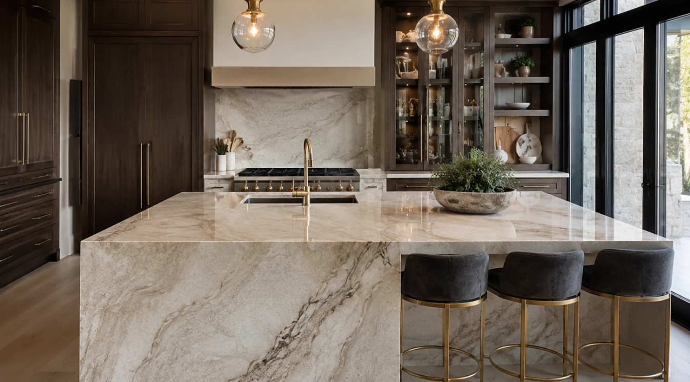 An elegant quartzite kitchen island