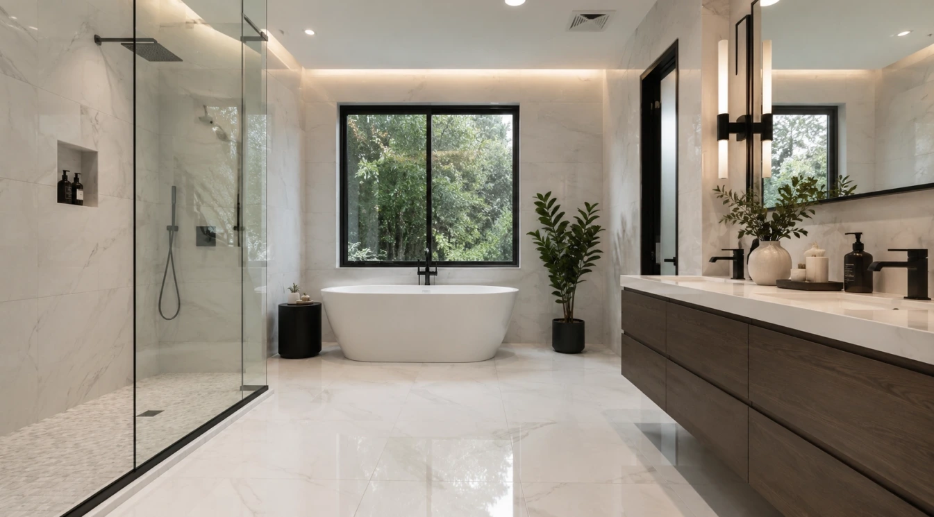 A modern bathroom with large-format tile