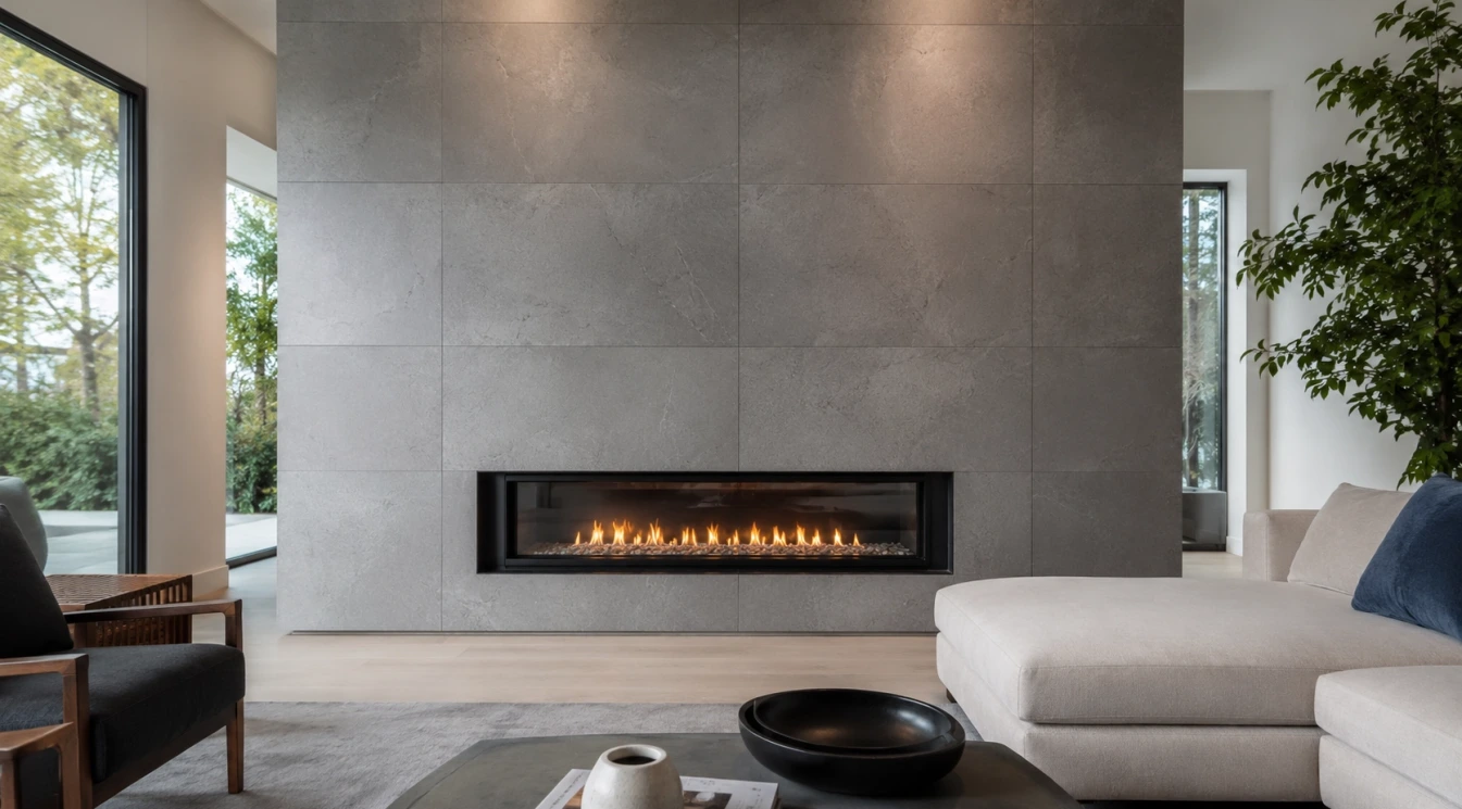 A contemporary large-format tile feature wall