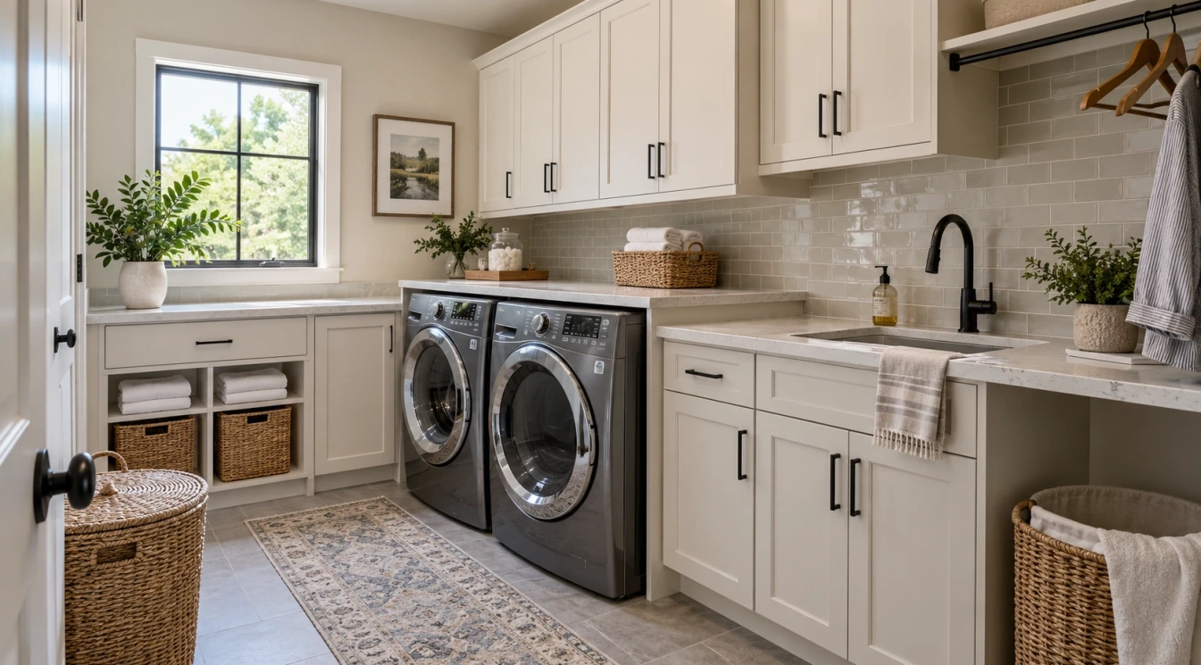 A bright organized laundry room with durable countertop tile backsplash cabinets and flooring