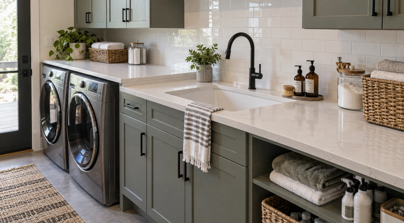 A laundry room utility sink with quartz countertop simple tile backsplash and waterproof flooring