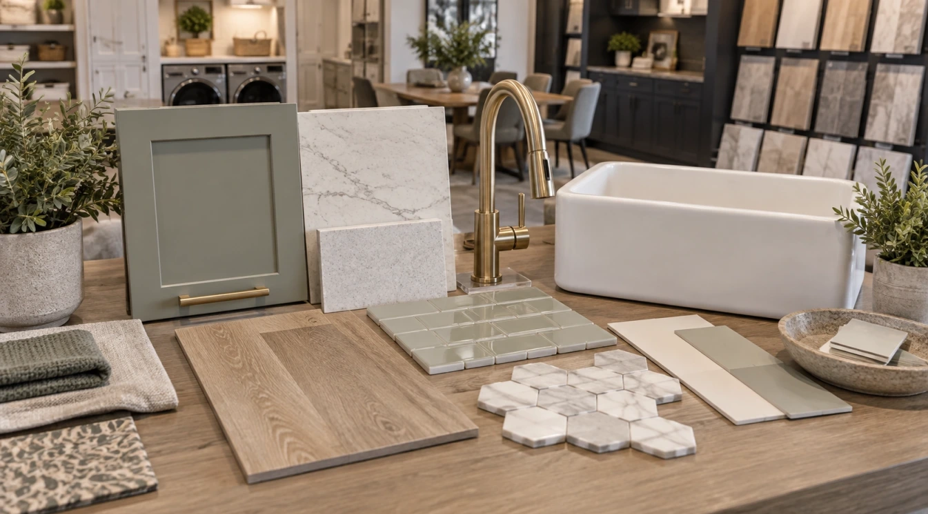 A showroom table with laundry room countertop tile flooring cabinet and fixture samples