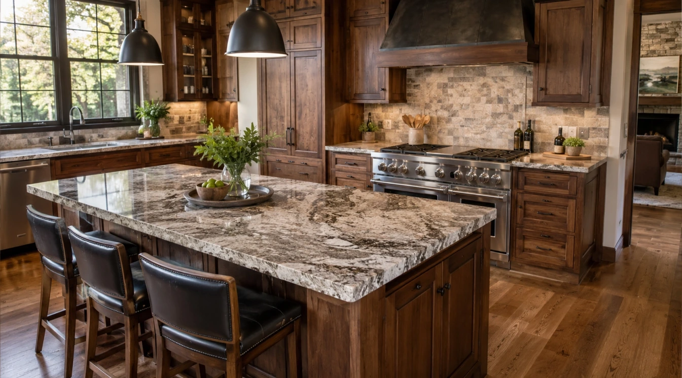 A durable kitchen with stone countertops and hardwood flooring