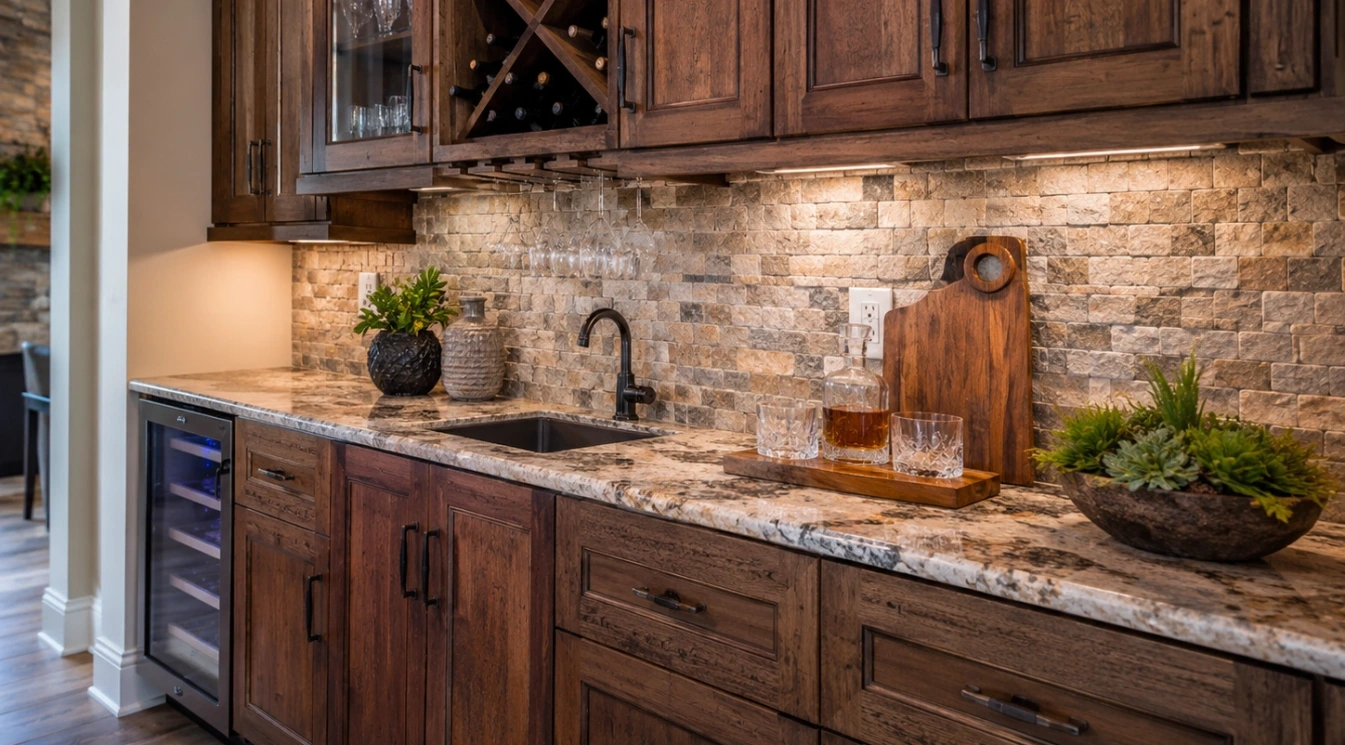 Solid wood cabinets with stone counters and tile backsplash