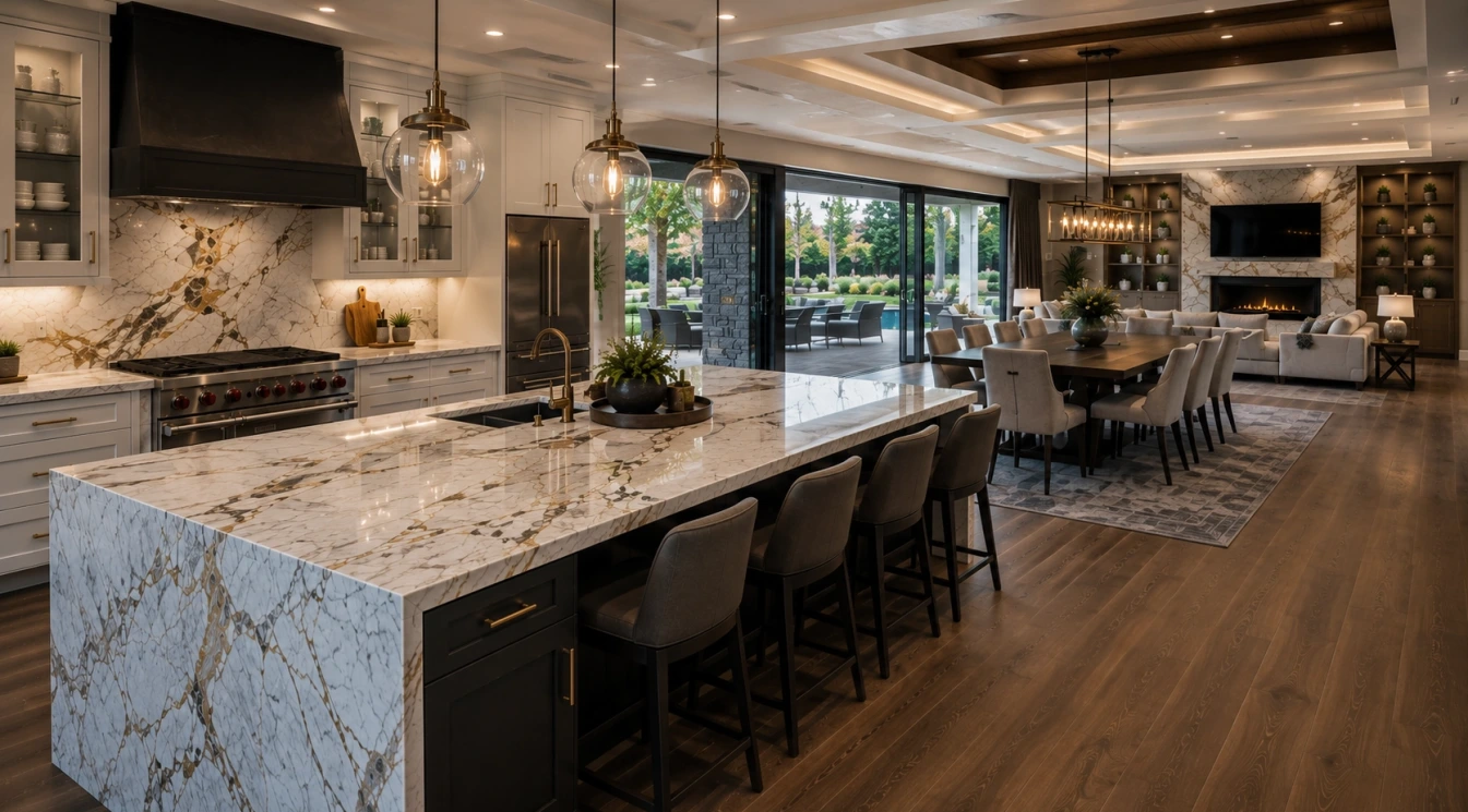 A luxury kitchen with natural stone and matching entertainment area