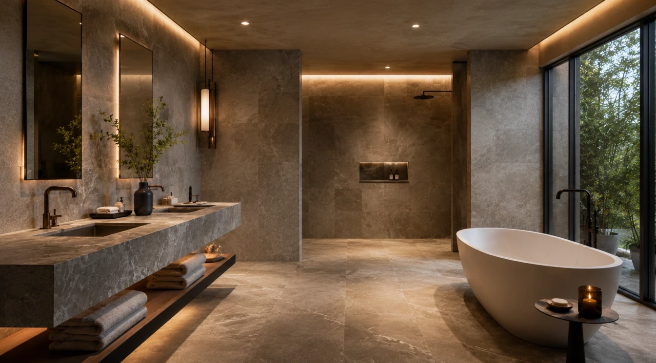 A spa bathroom with large format stone surfaces