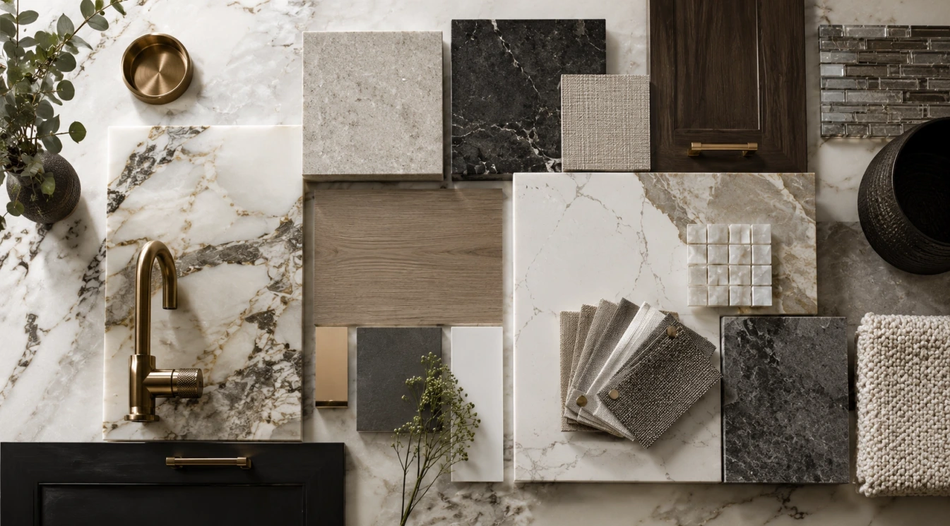 Coordinated luxury material samples for a home interior