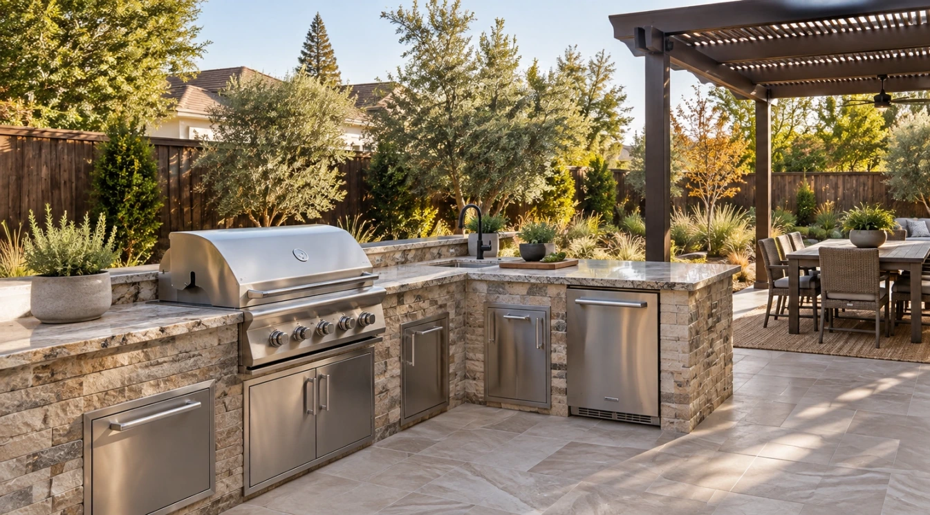A Sacramento backyard outdoor kitchen with stone countertop porcelain patio tile and shaded seating