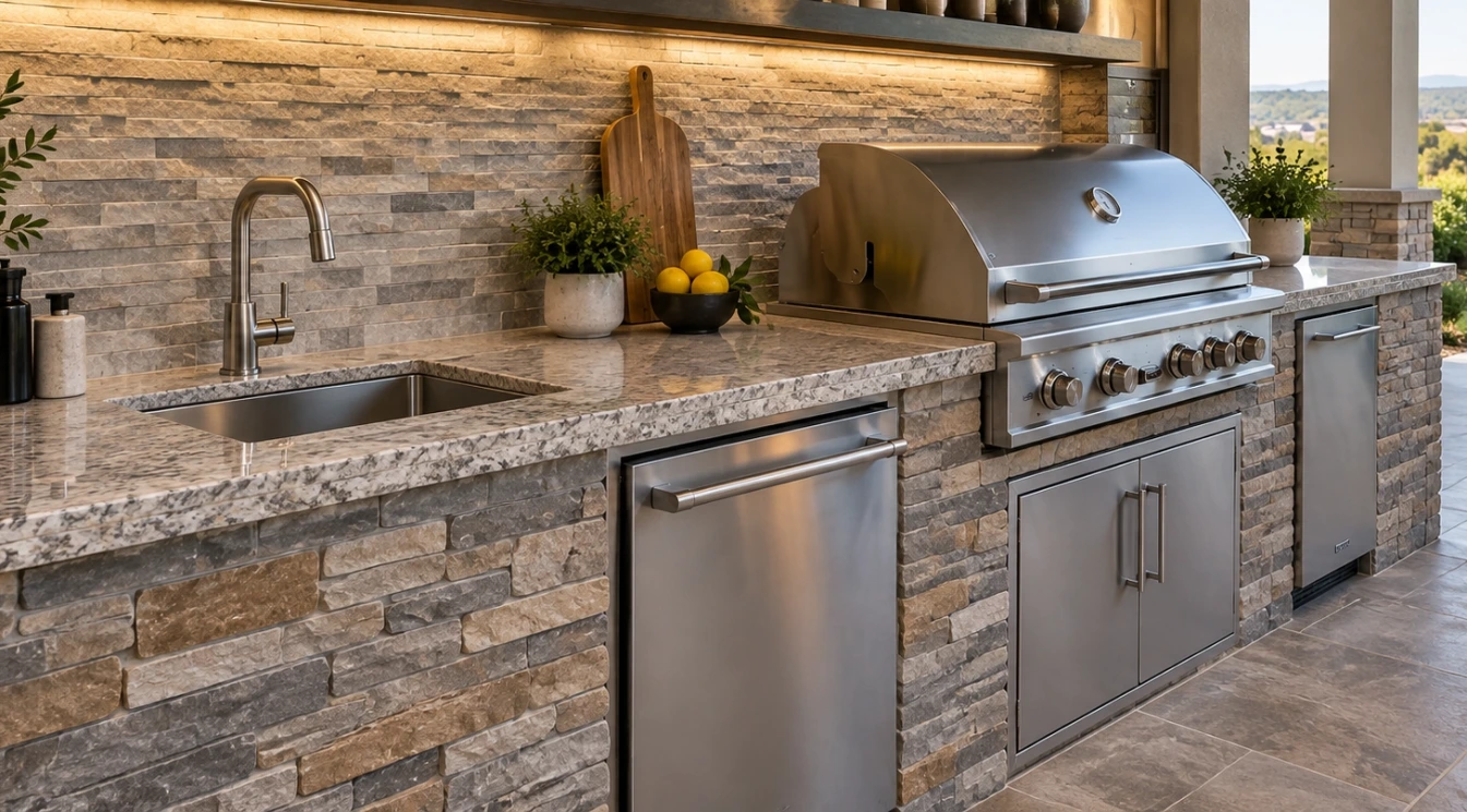 An outdoor kitchen countertop with grill utility sink tile backsplash and durable patio flooring