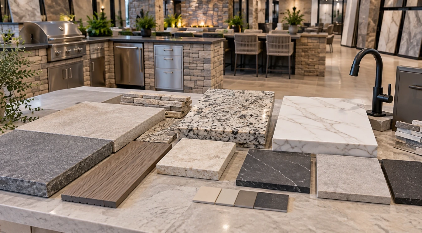 A showroom table with outdoor countertop tile porcelain paver and cabinet finish samples