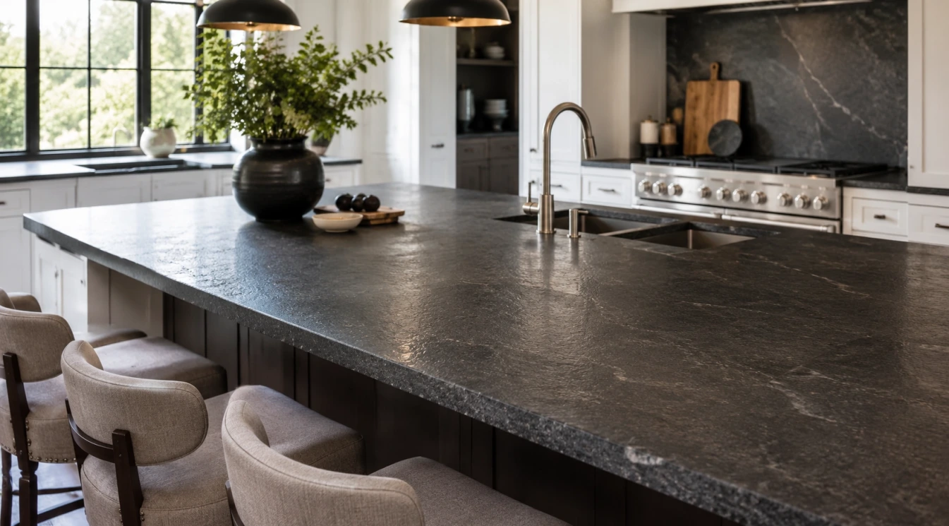 A polished natural stone countertop