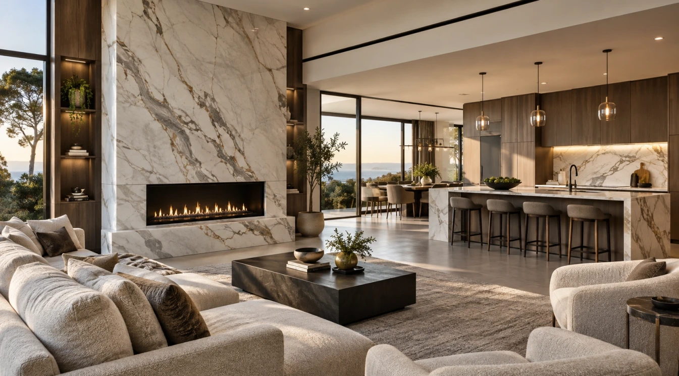 A modern open-concept home with a porcelain slab fireplace wall and coordinated kitchen feature surfaces
