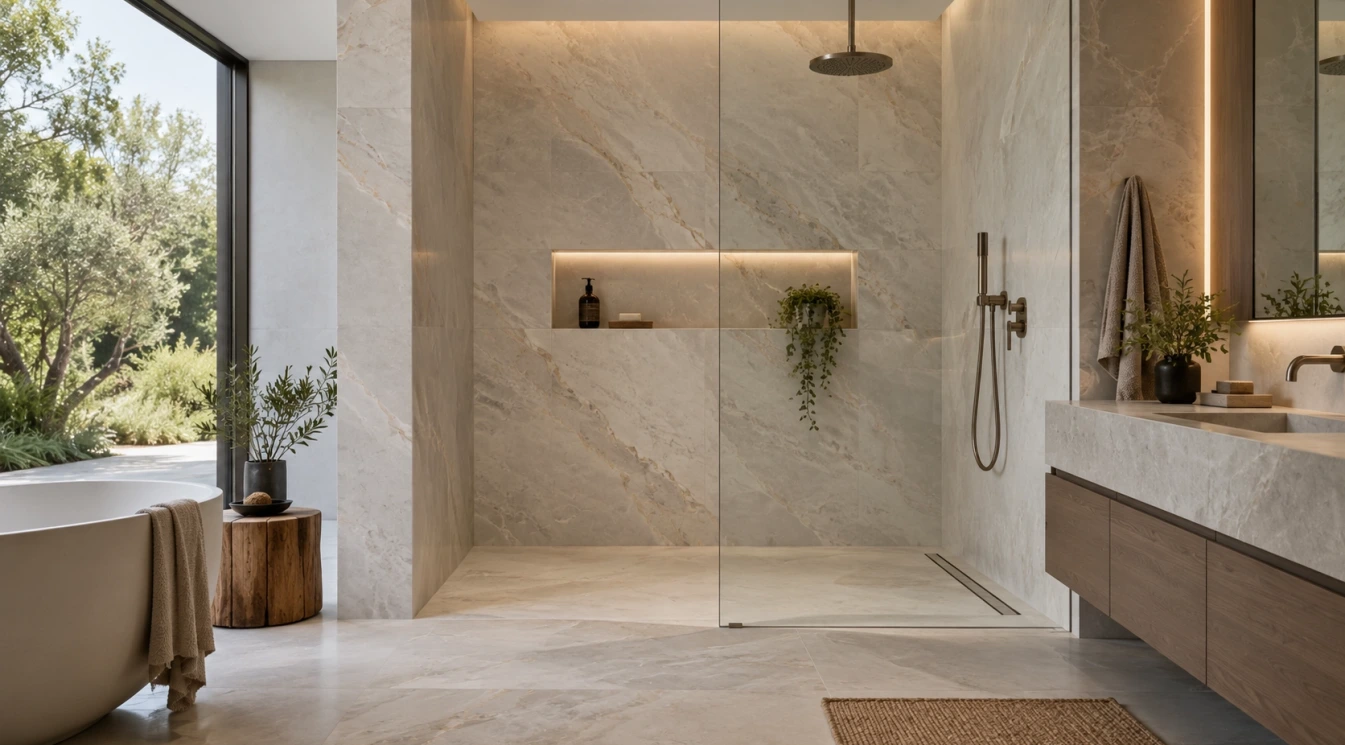 A curbless shower with large porcelain slab walls and minimal grout lines