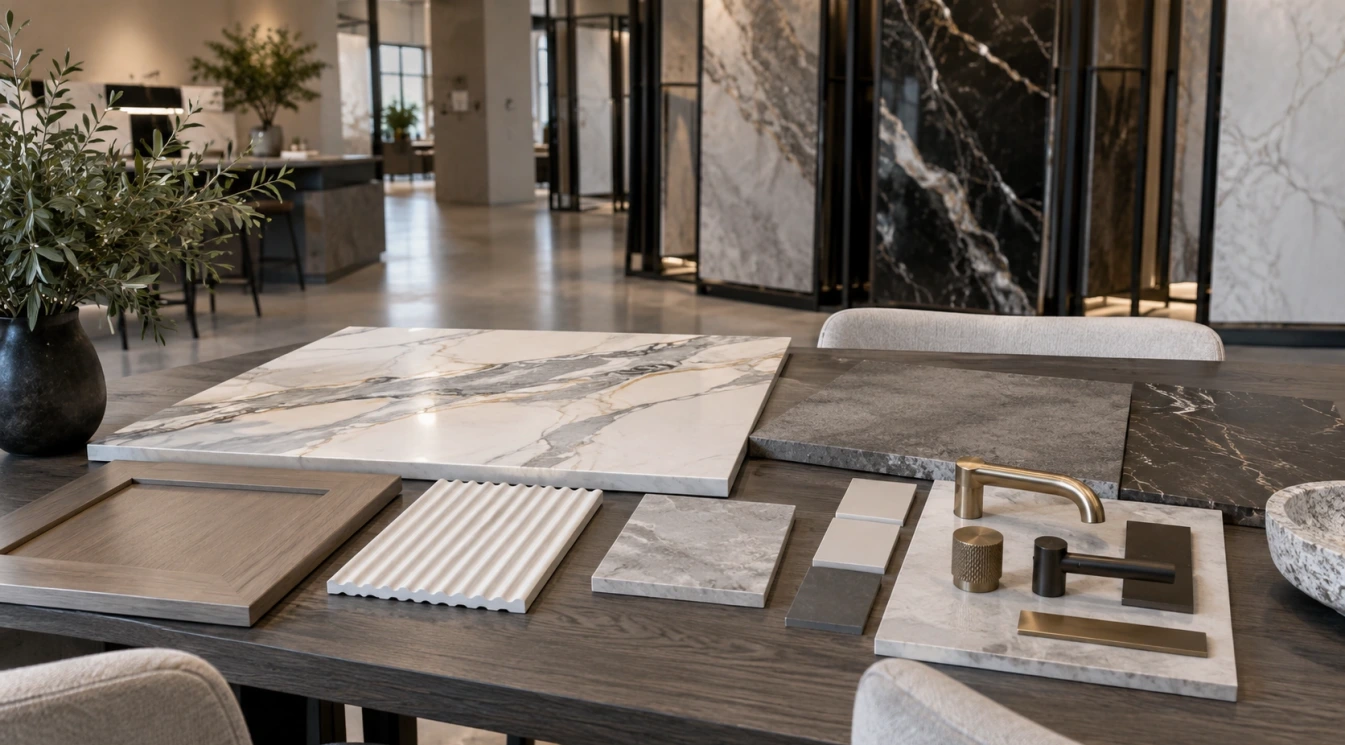 Porcelain slab samples with tile, cabinet, and fixture finishes in a design showroom