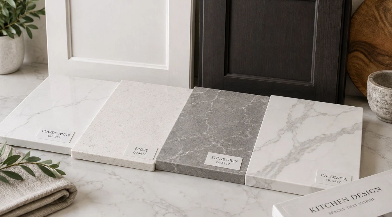 Quartz countertop samples with white wood and dark cabinet finishes