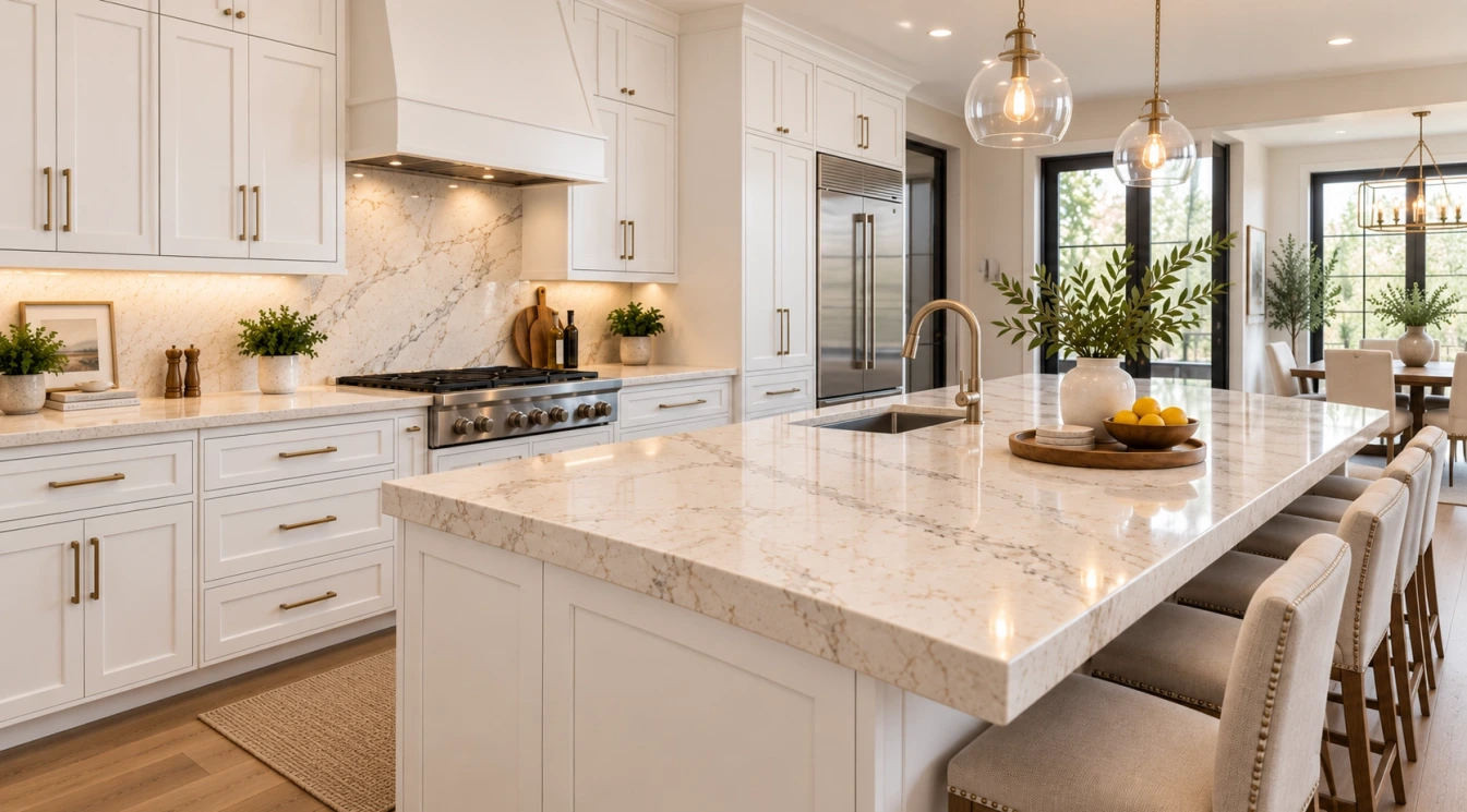 White kitchen cabinets with a warm quartz countertop