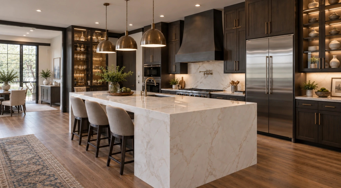 Dark kitchen cabinets with a light veined quartz island