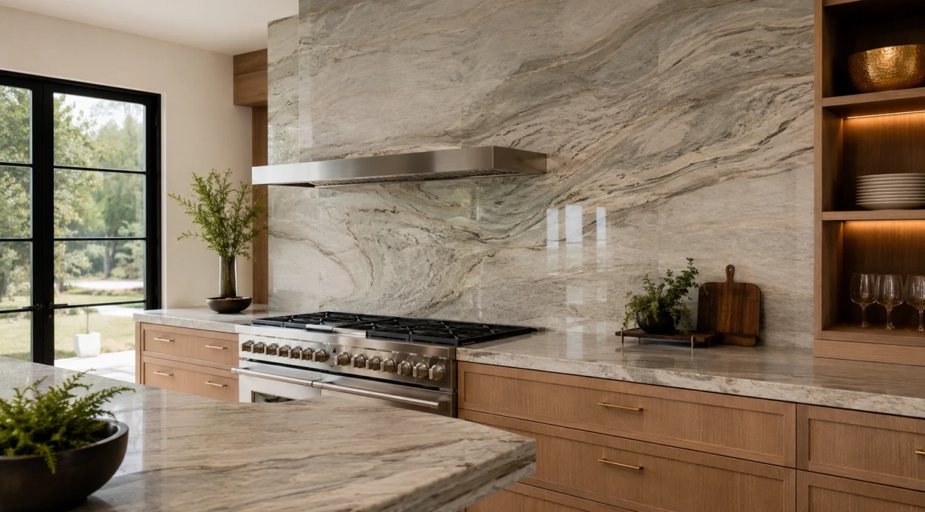 A kitchen with a full-height slab backsplash