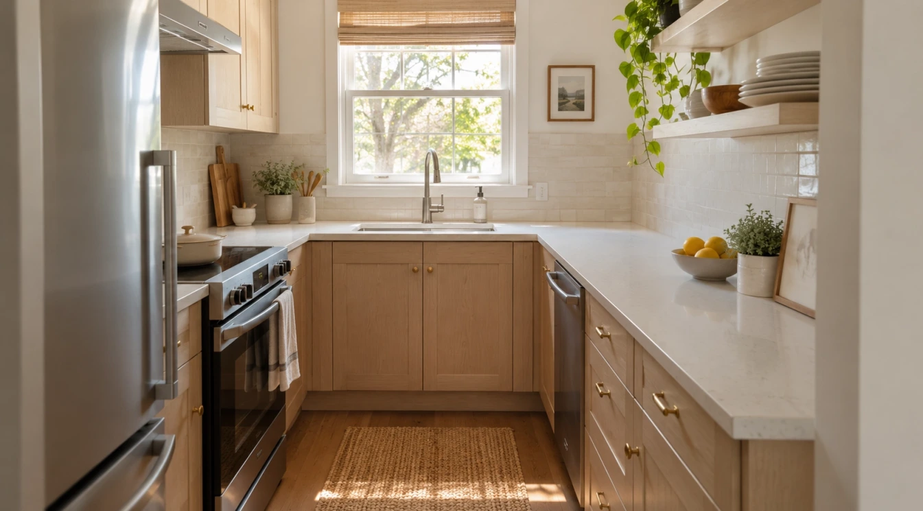 A bright kitchen with light countertops, simple backsplash, warm flooring, and natural light