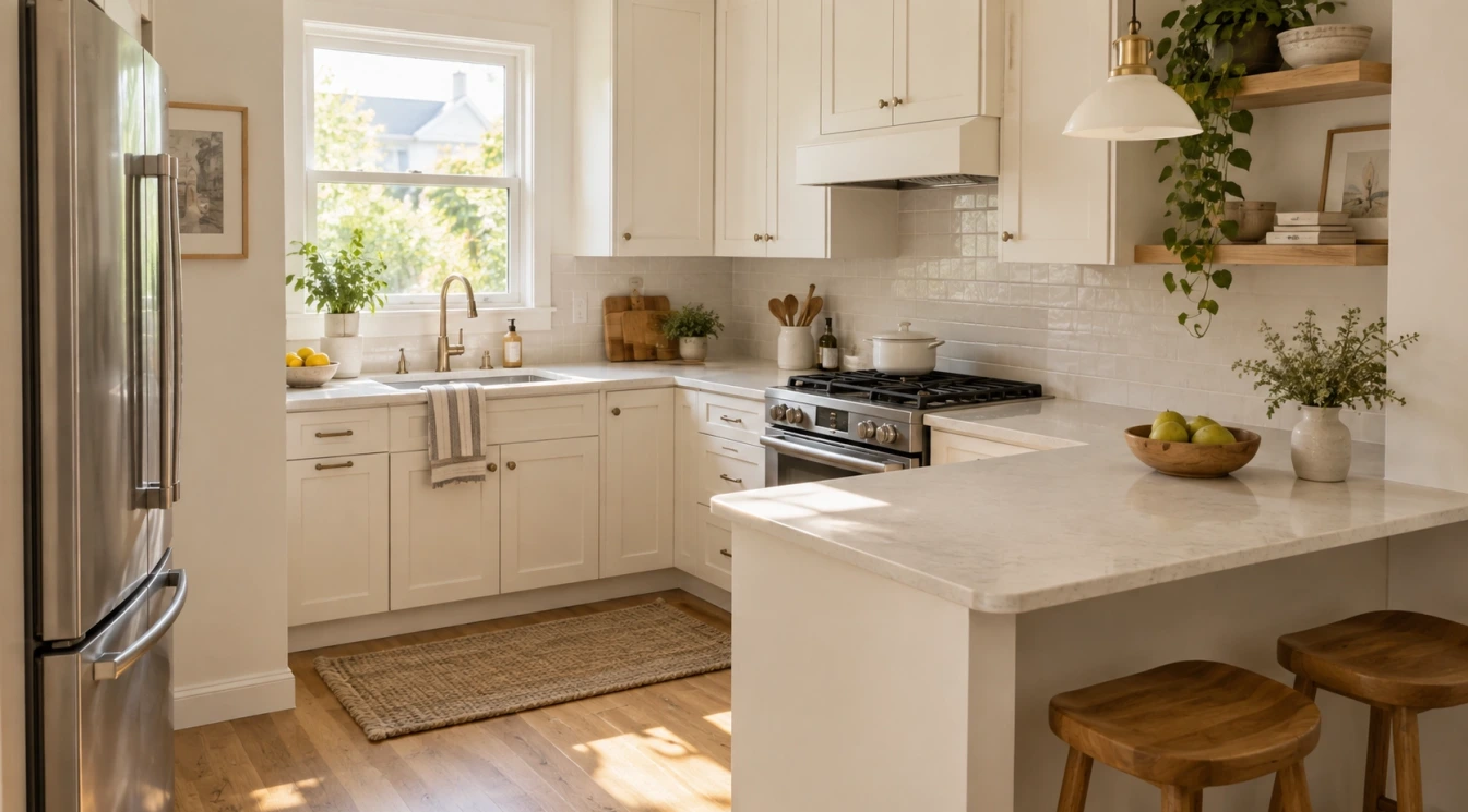 A warm compact kitchen with light cabinets, stone counters, backsplash, and wood flooring