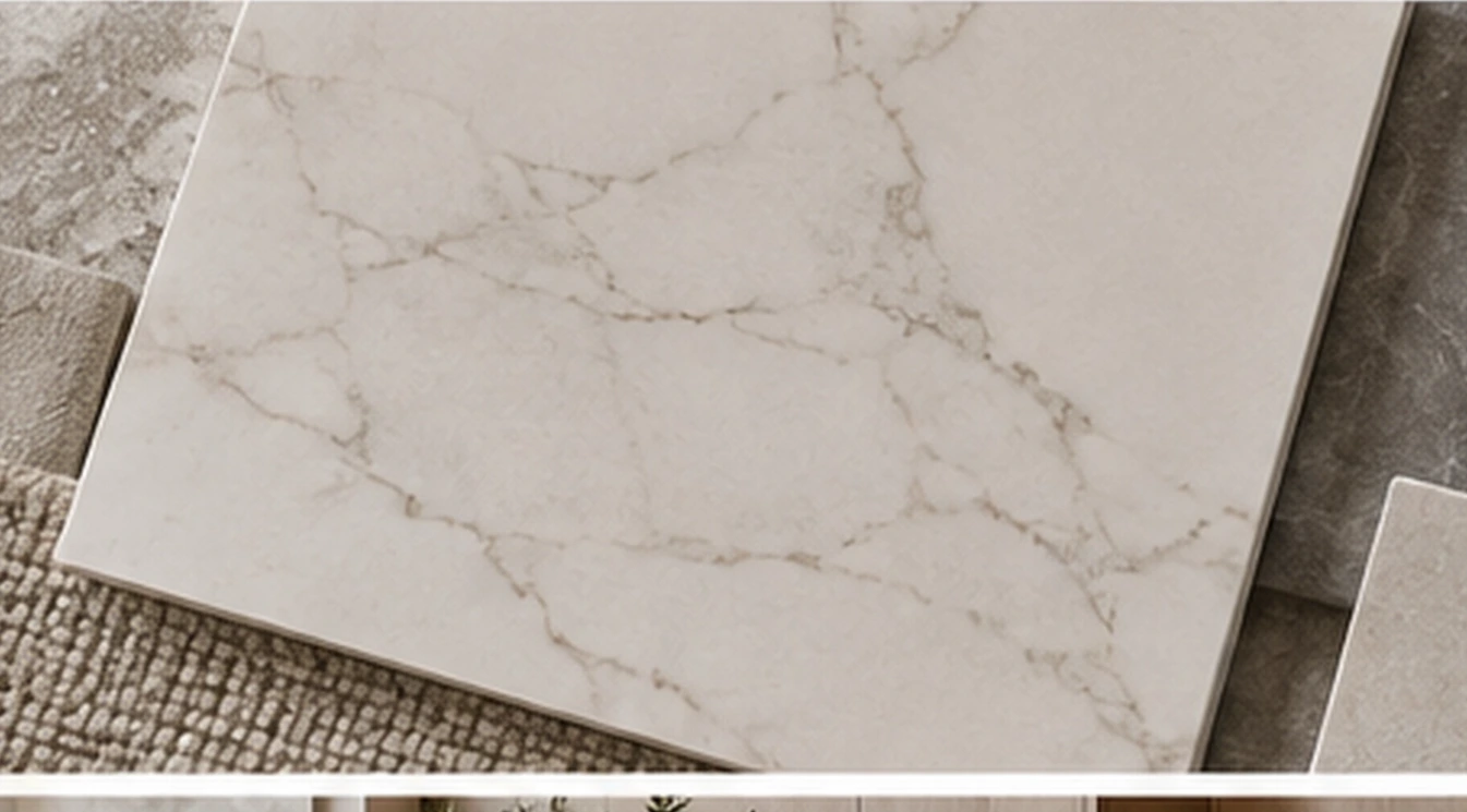 A compact kitchen material palette with stone, tile, wood, and hardware finishes