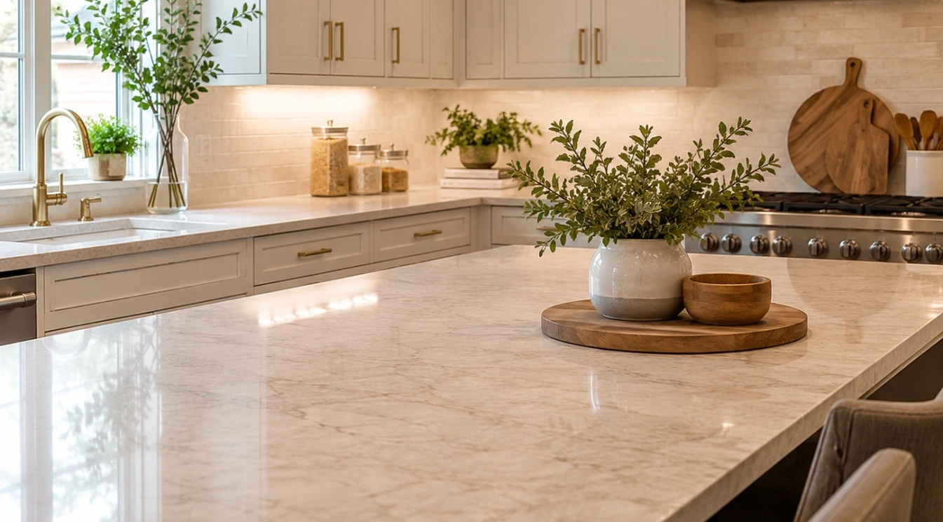 A kitchen with warm neutral countertops