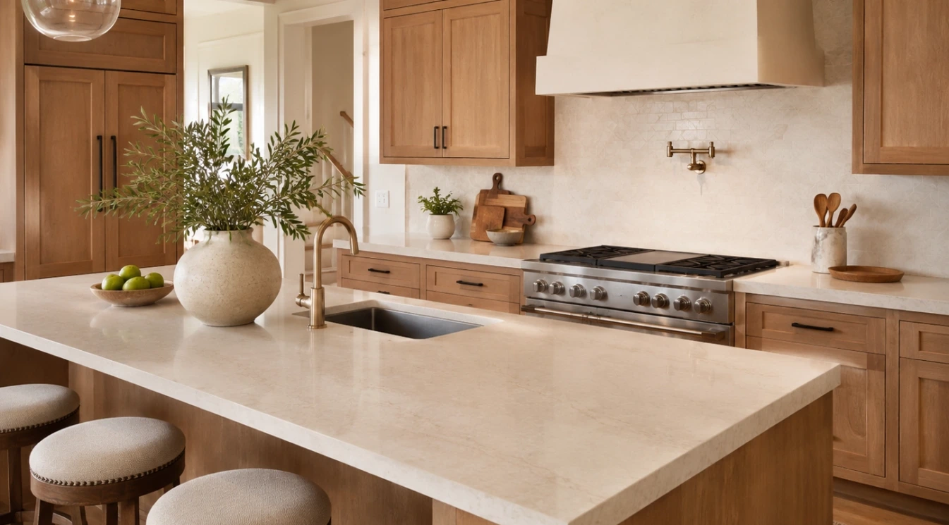 A cream countertop with natural wood cabinets