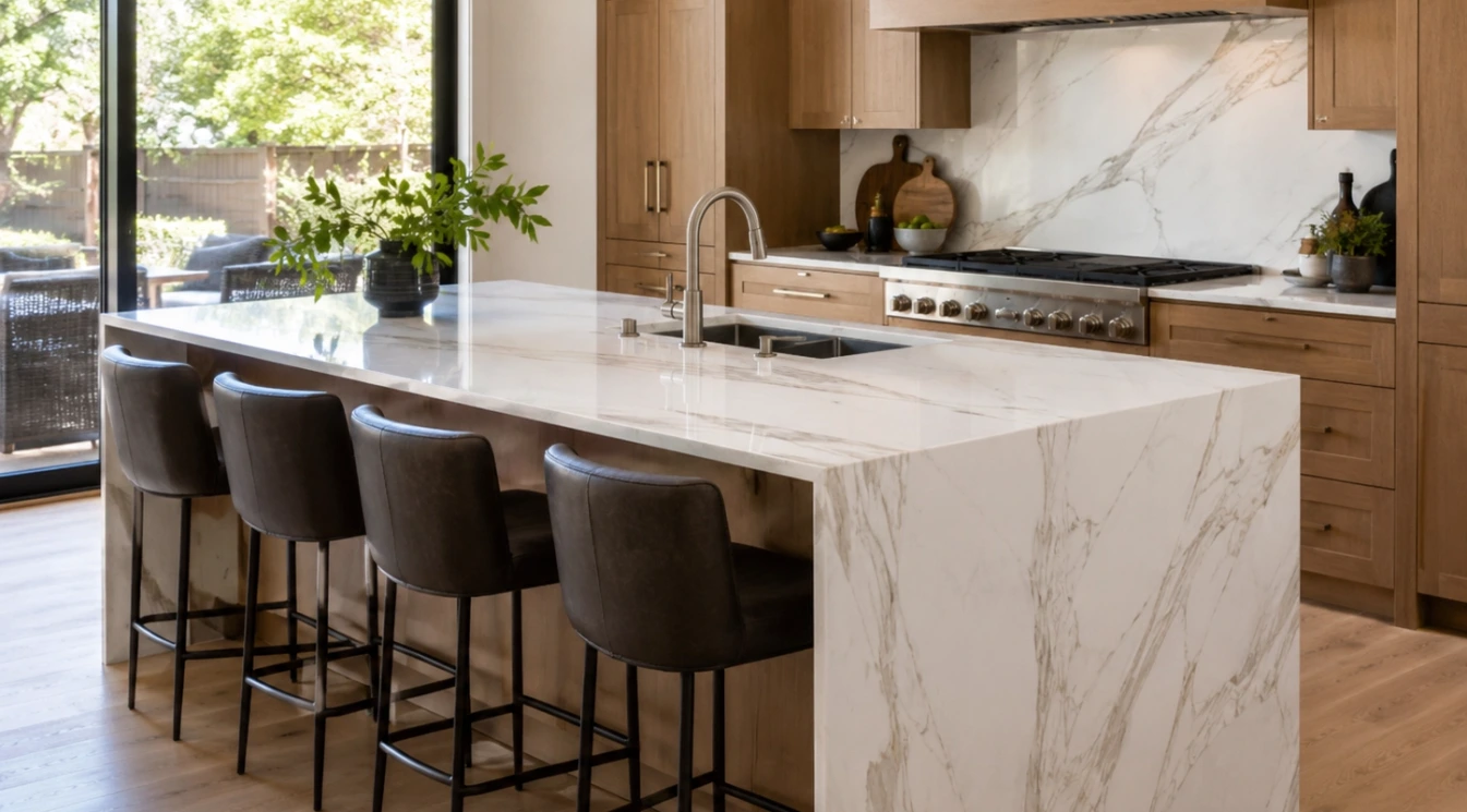 A modern waterfall kitchen island