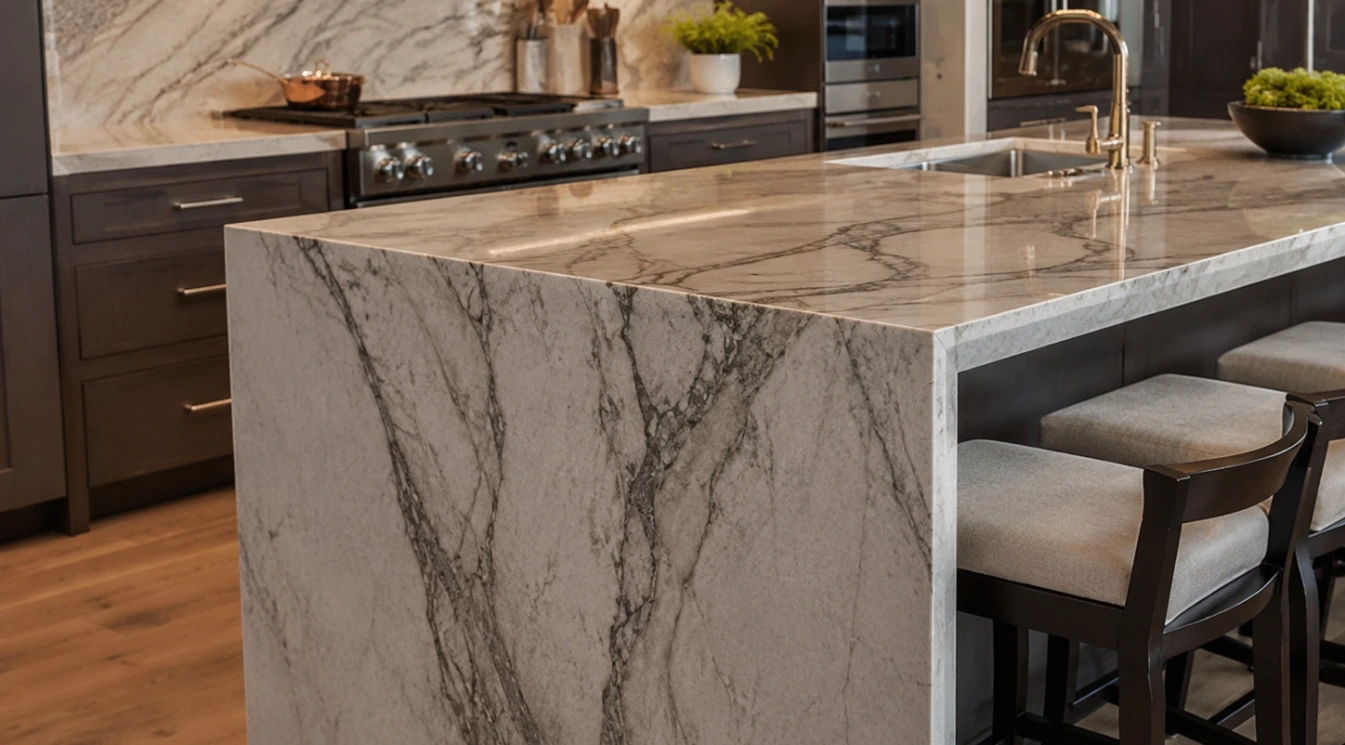 A natural stone waterfall countertop