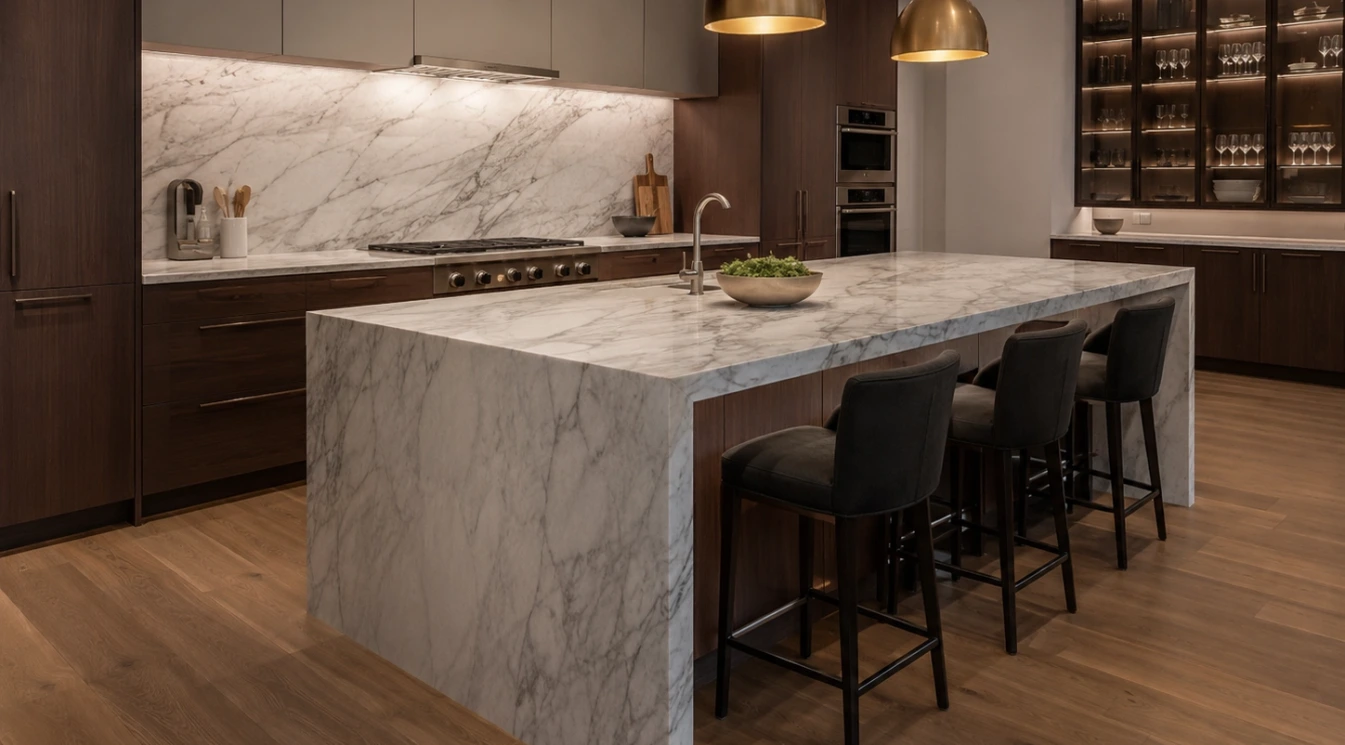 An elegant kitchen with a waterfall island