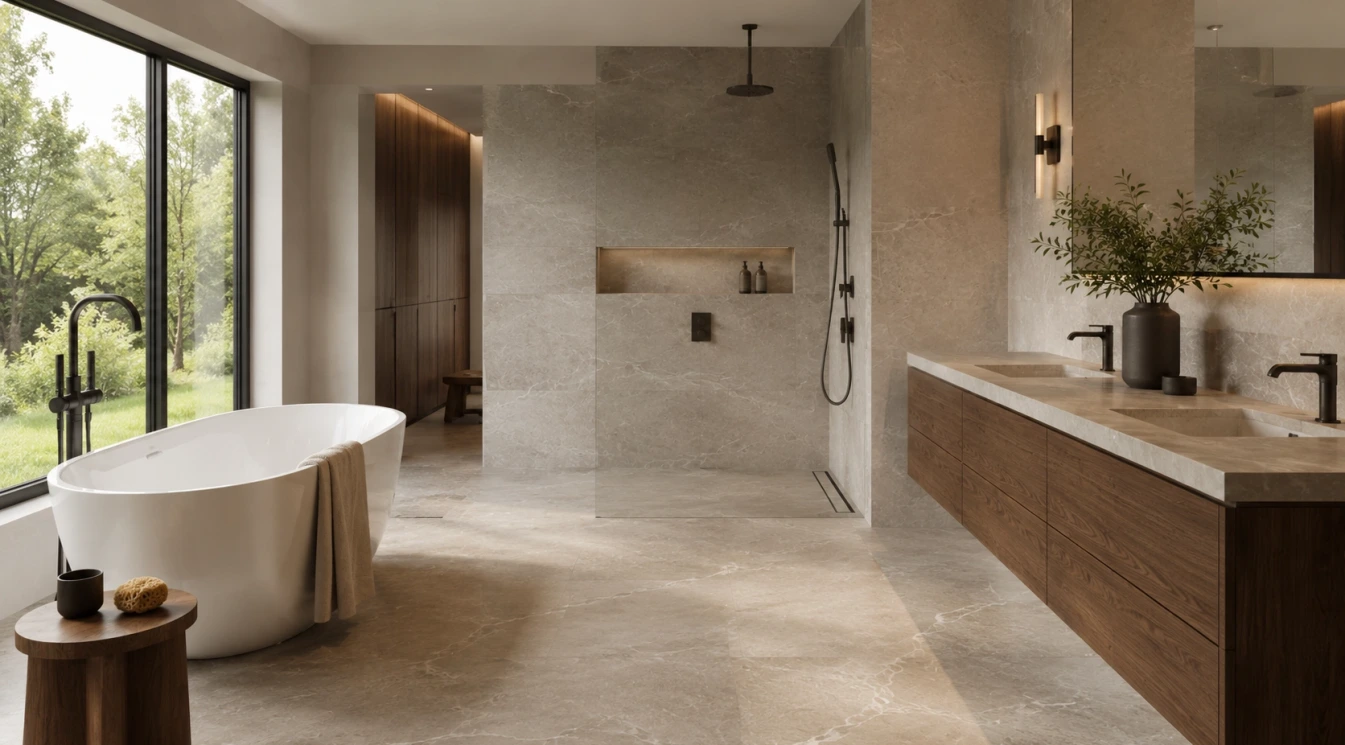 A modern wet room shower with a freestanding tub