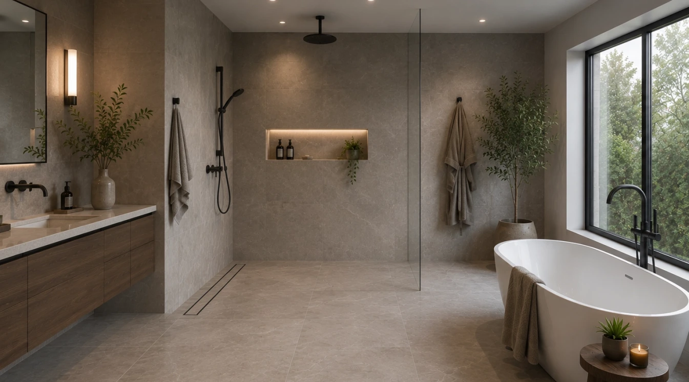 A curbless tiled wet room with a linear drain