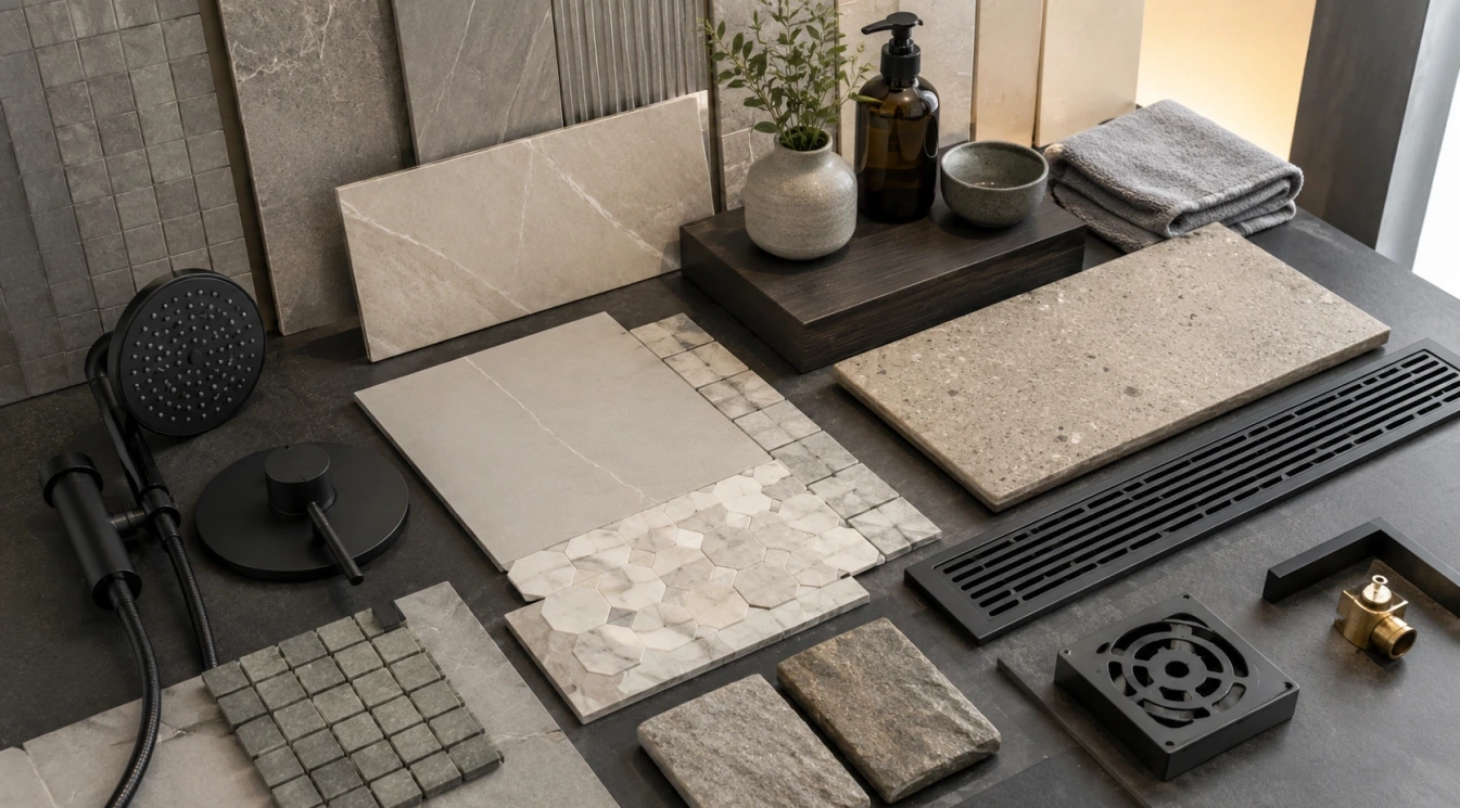 Porcelain tile stone and fixture samples for a wet room
