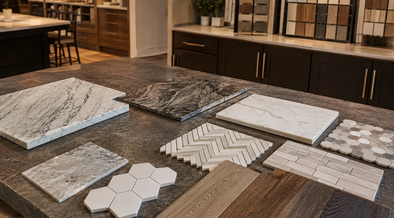 A polished showroom consultation table with countertop tile flooring and cabinet samples